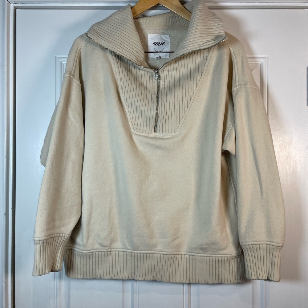 Aerie Oversized Beige Quarter Zip Women’s Size Small - Picture 4 of 7